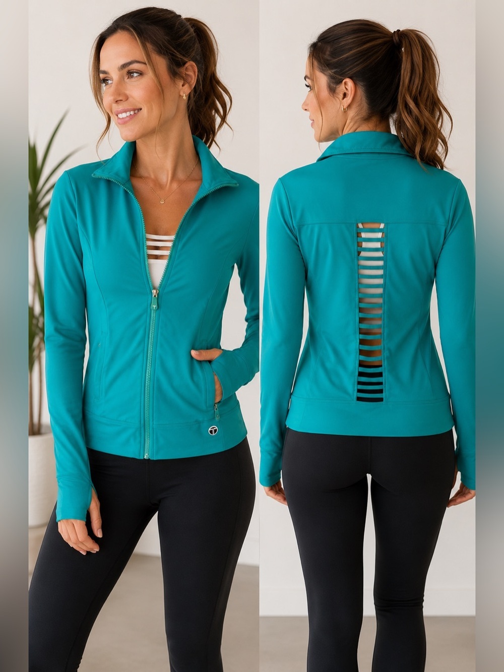 Trina Turk Teal Zip-Front Active Jacket with Back Slit Detail Size S Athleisure